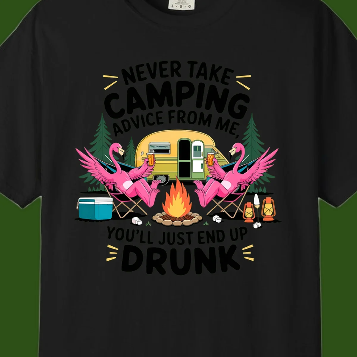 Humorous camping illustration with two pink flamingos drinking beer by a campfire next to a vintage trailer, warning never to take camping advice