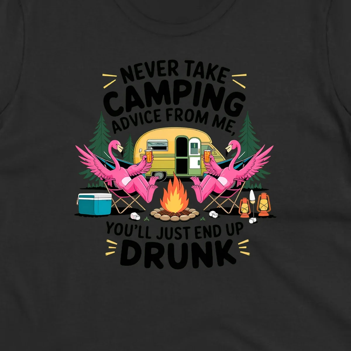 Humorous camping illustration with two pink flamingos drinking beer by a campfire next to a vintage trailer, warning never to take camping advice