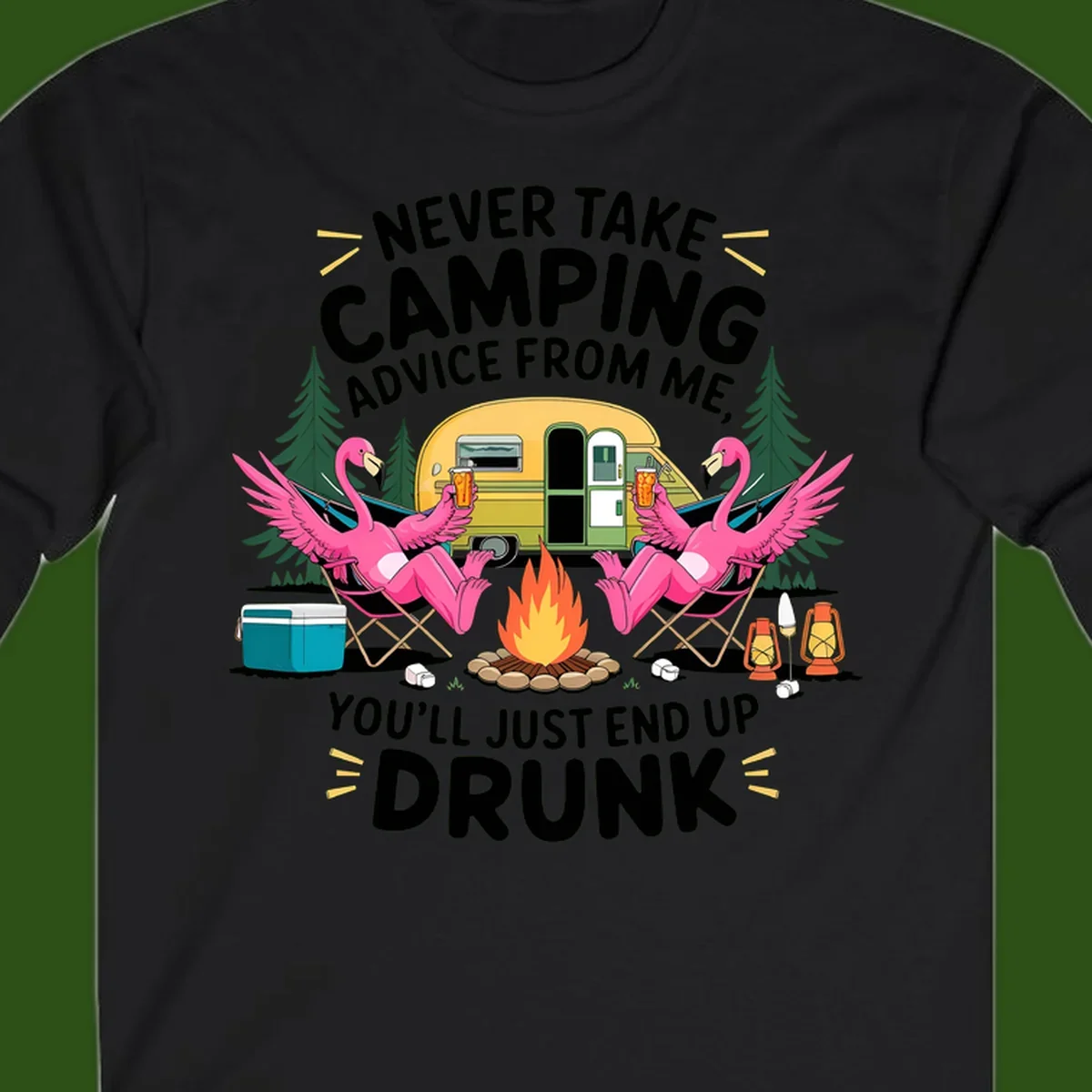Humorous camping illustration with two pink flamingos drinking beer by a campfire next to a vintage trailer, warning never to take camping advice