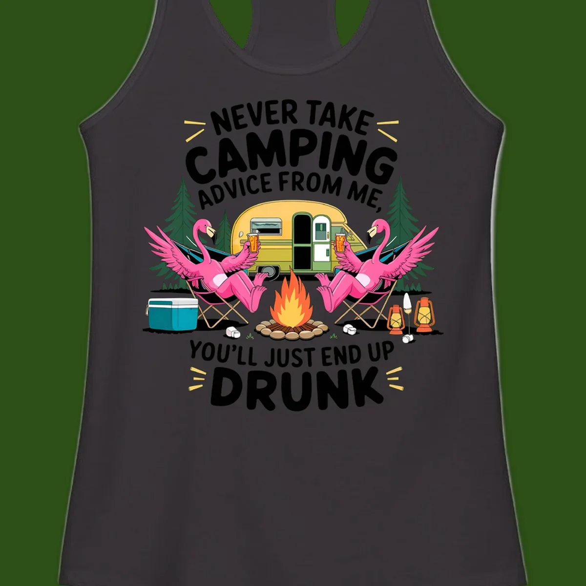 Humorous camping illustration with two pink flamingos drinking beer by a campfire next to a vintage trailer, warning never to take camping advice