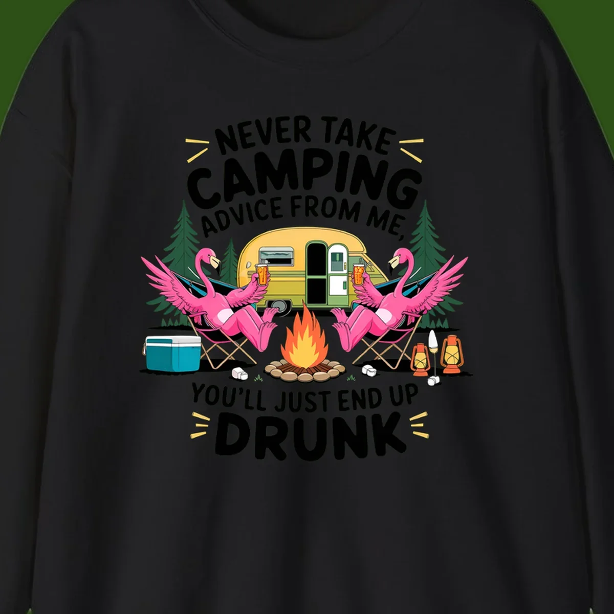 Humorous camping illustration with two pink flamingos drinking beer by a campfire next to a vintage trailer, warning never to take camping advice