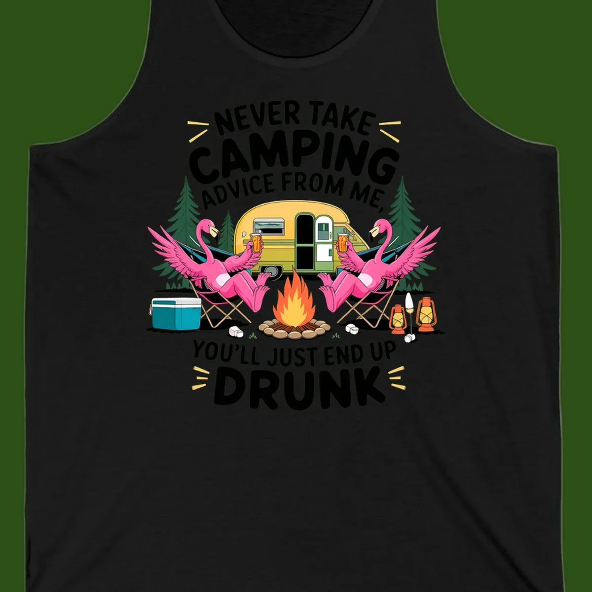 Humorous camping illustration with two pink flamingos drinking beer by a campfire next to a vintage trailer, warning never to take camping advice