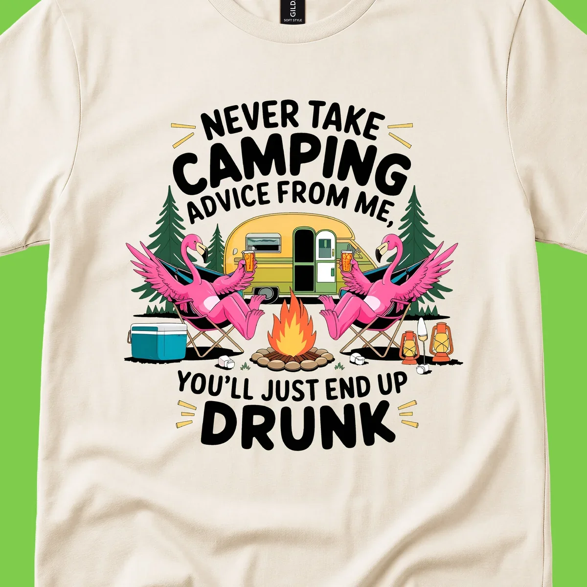Humorous camping illustration with two pink flamingos drinking beer by a campfire next to a vintage trailer, warning never to take camping advice