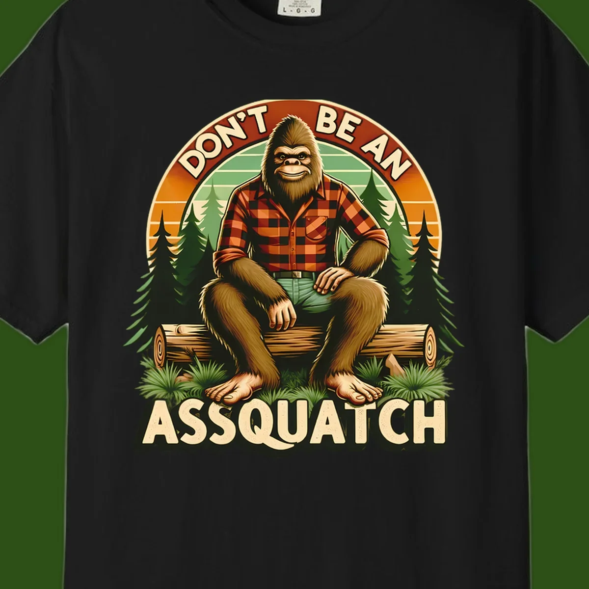 Vintage badge design with friendly Bigfoot in plaid shirt sitting on a log with forest trees, text reads 'Don't Be An Assquatch'
