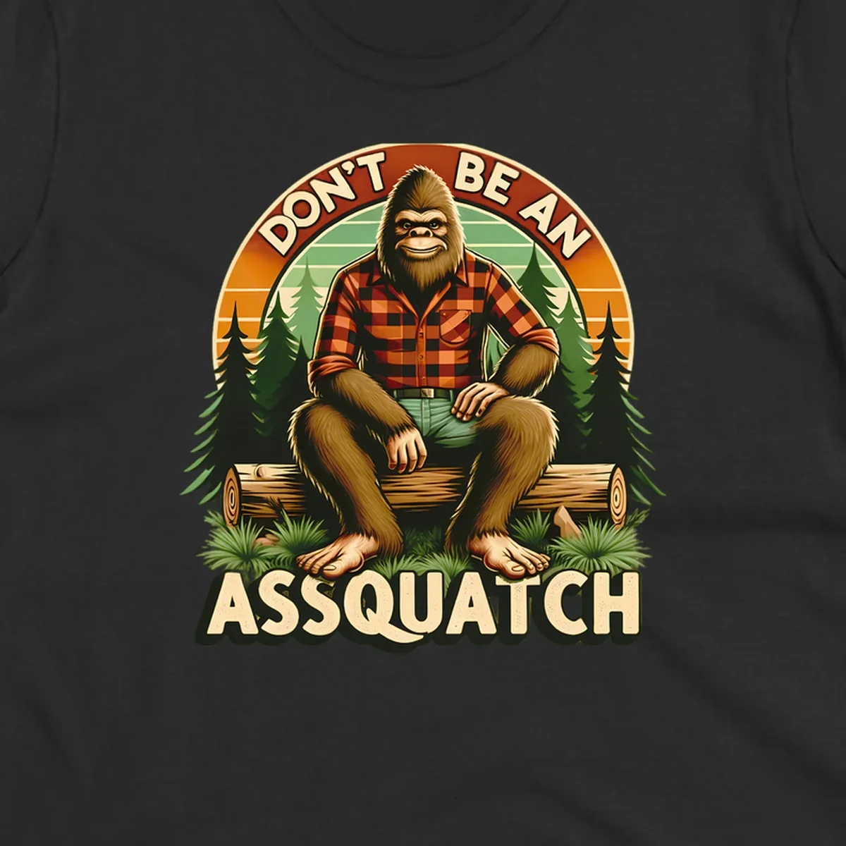 Vintage badge design with friendly Bigfoot in plaid shirt sitting on a log with forest trees, text reads 'Don't Be An Assquatch'