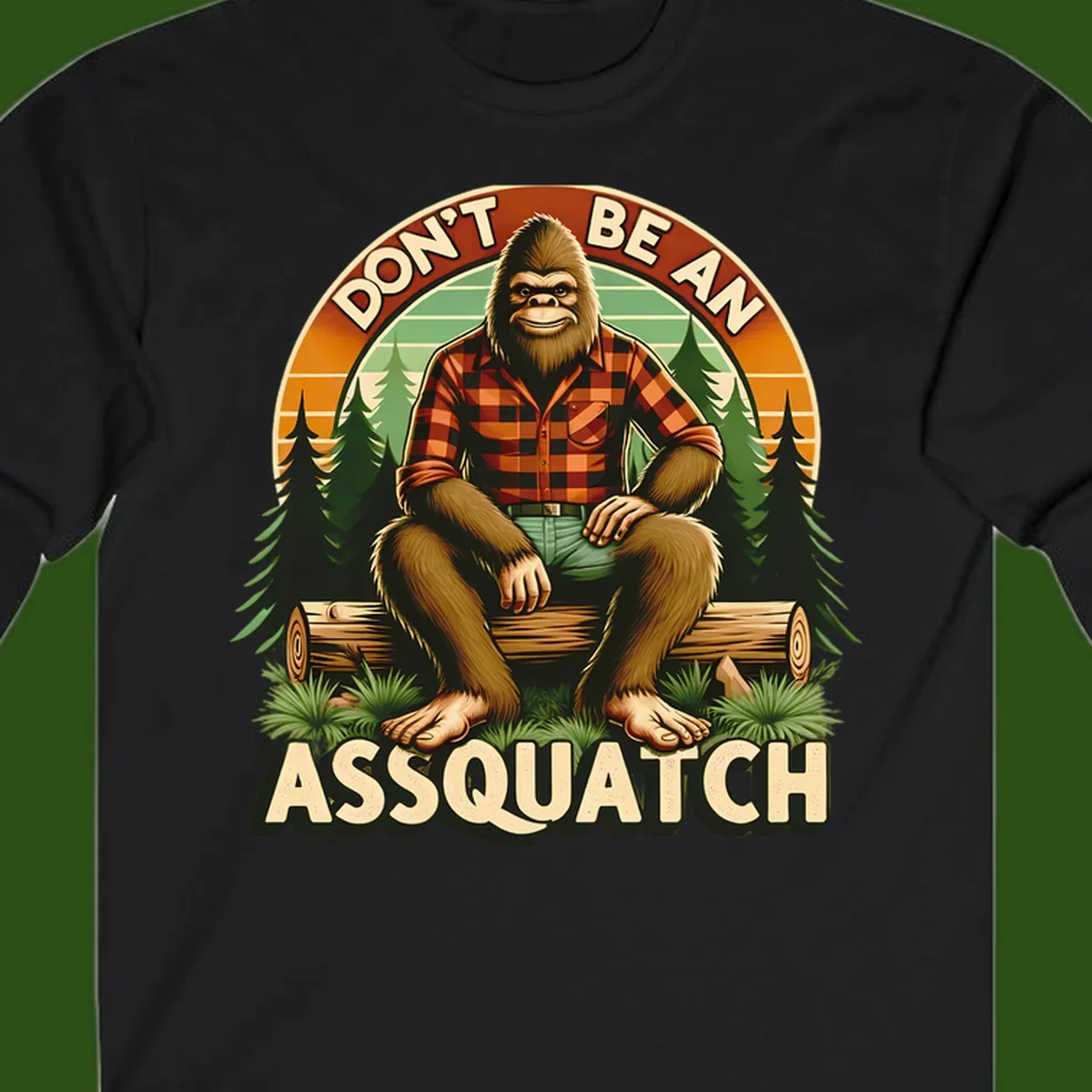Vintage badge design with friendly Bigfoot in plaid shirt sitting on a log with forest trees, text reads 'Don't Be An Assquatch'