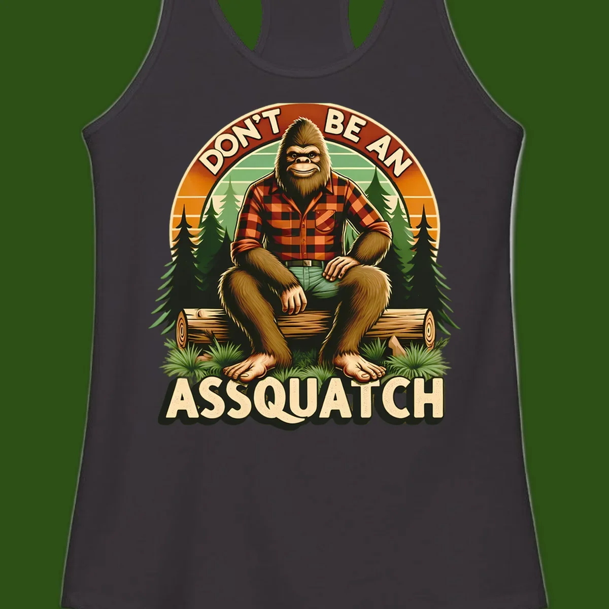 Vintage badge design with friendly Bigfoot in plaid shirt sitting on a log with forest trees, text reads 'Don't Be An Assquatch'