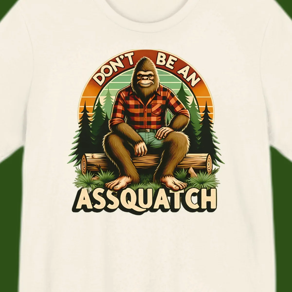 Vintage badge design with friendly Bigfoot in plaid shirt sitting on a log with forest trees, text reads 'Don't Be An Assquatch'