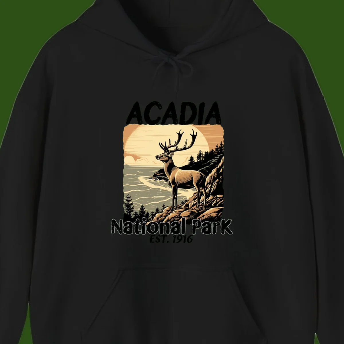 Vintage illustration of a deer with antlers standing on rocky cliffs overlooking Acadia National Park's ocean and forests at sunset
