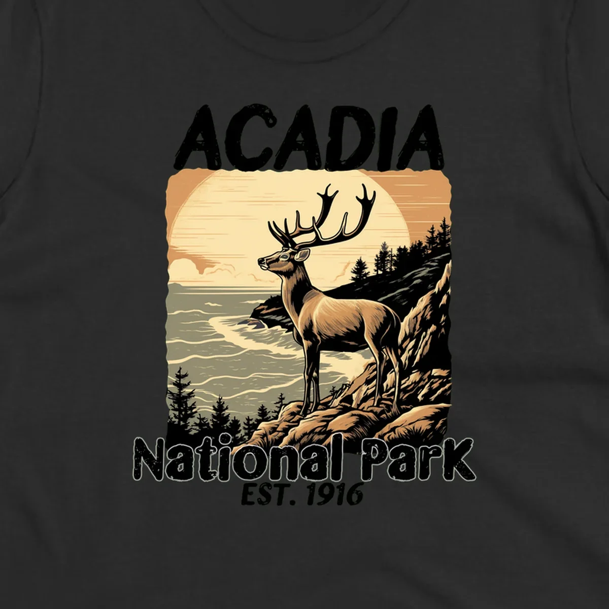 Vintage illustration of a deer with antlers standing on rocky cliffs overlooking Acadia National Park's ocean and forests at sunset