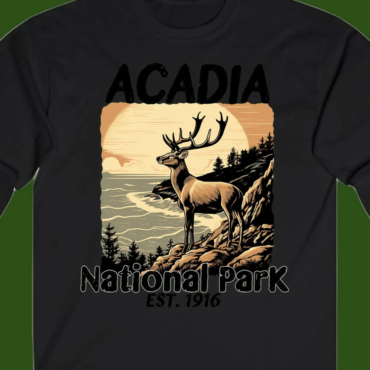 Vintage illustration of a deer with antlers standing on rocky cliffs overlooking Acadia National Park's ocean and forests at sunset