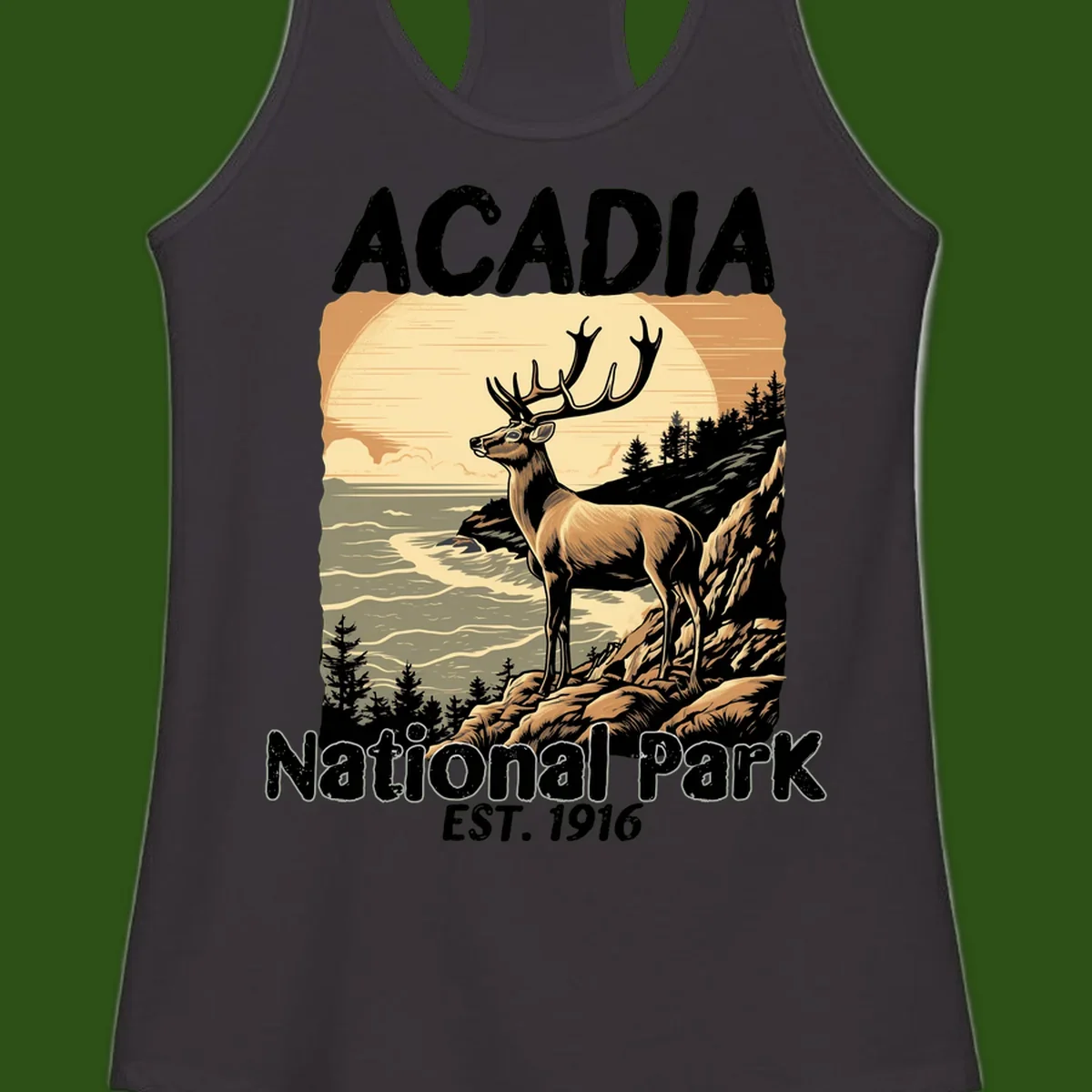 Vintage illustration of a deer with antlers standing on rocky cliffs overlooking Acadia National Park's ocean and forests at sunset