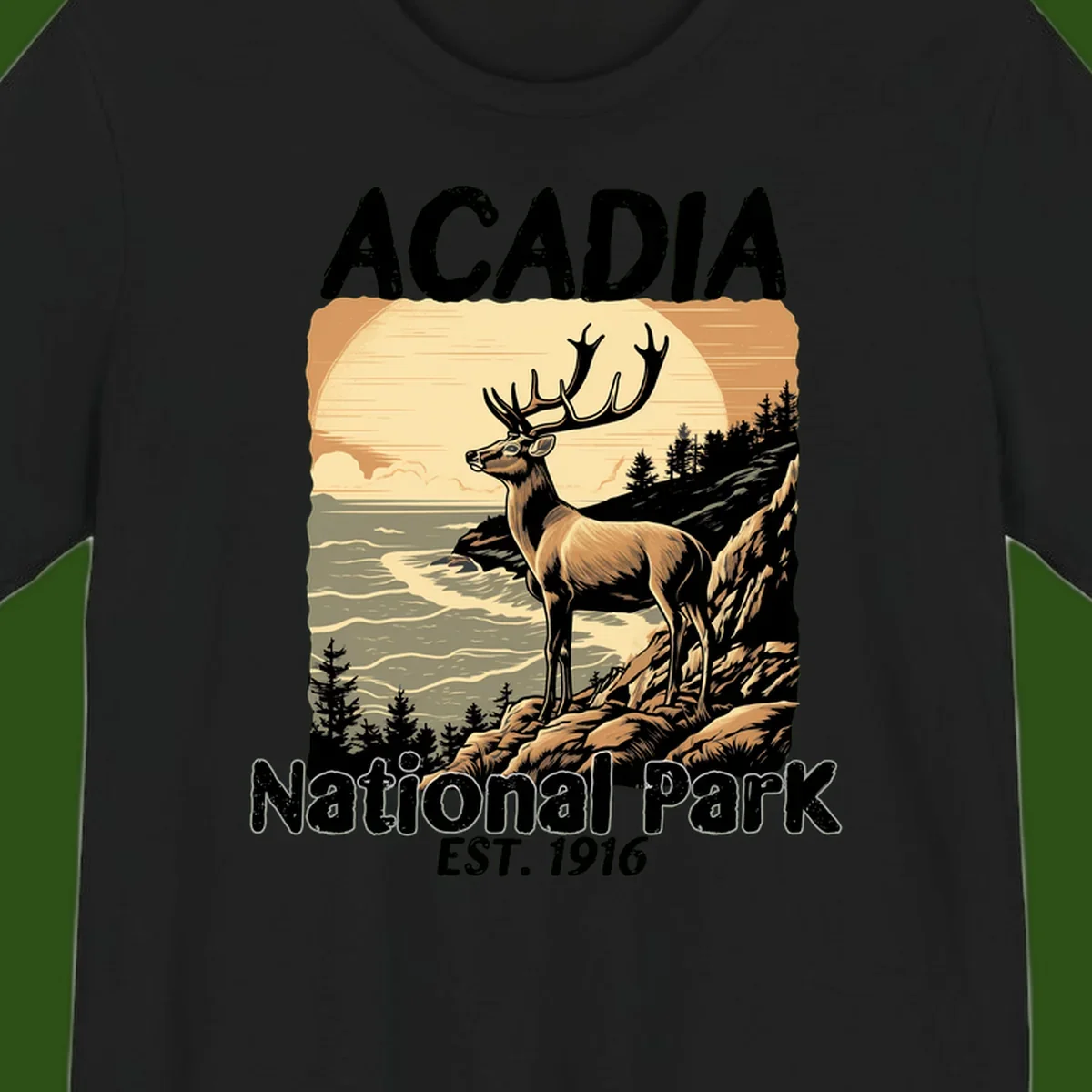 Vintage illustration of a deer with antlers standing on rocky cliffs overlooking Acadia National Park's ocean and forests at sunset