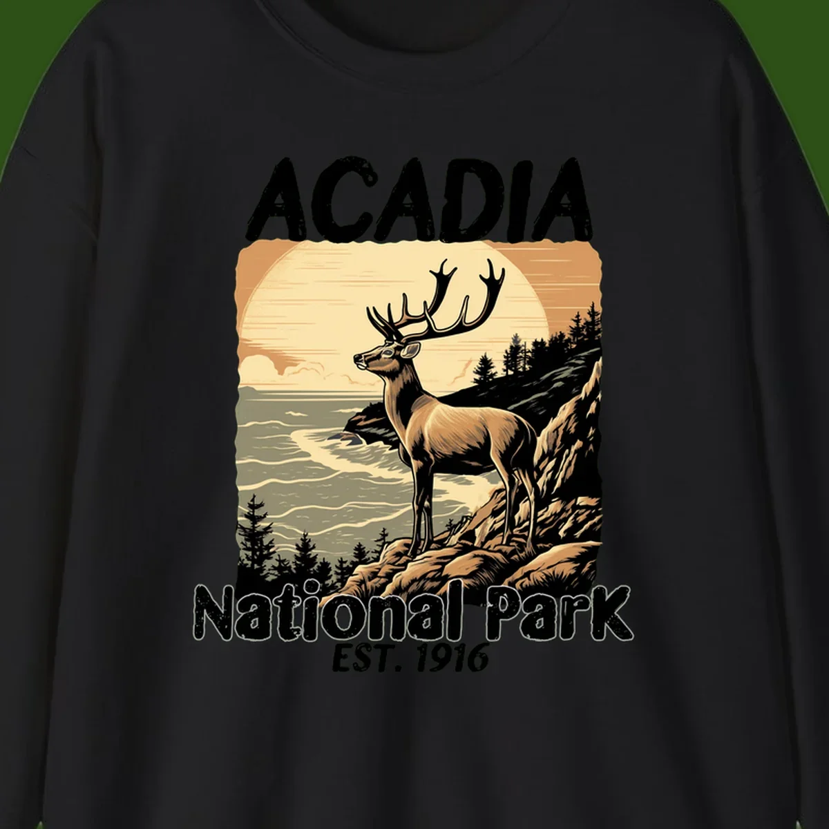 Vintage illustration of a deer with antlers standing on rocky cliffs overlooking Acadia National Park's ocean and forests at sunset