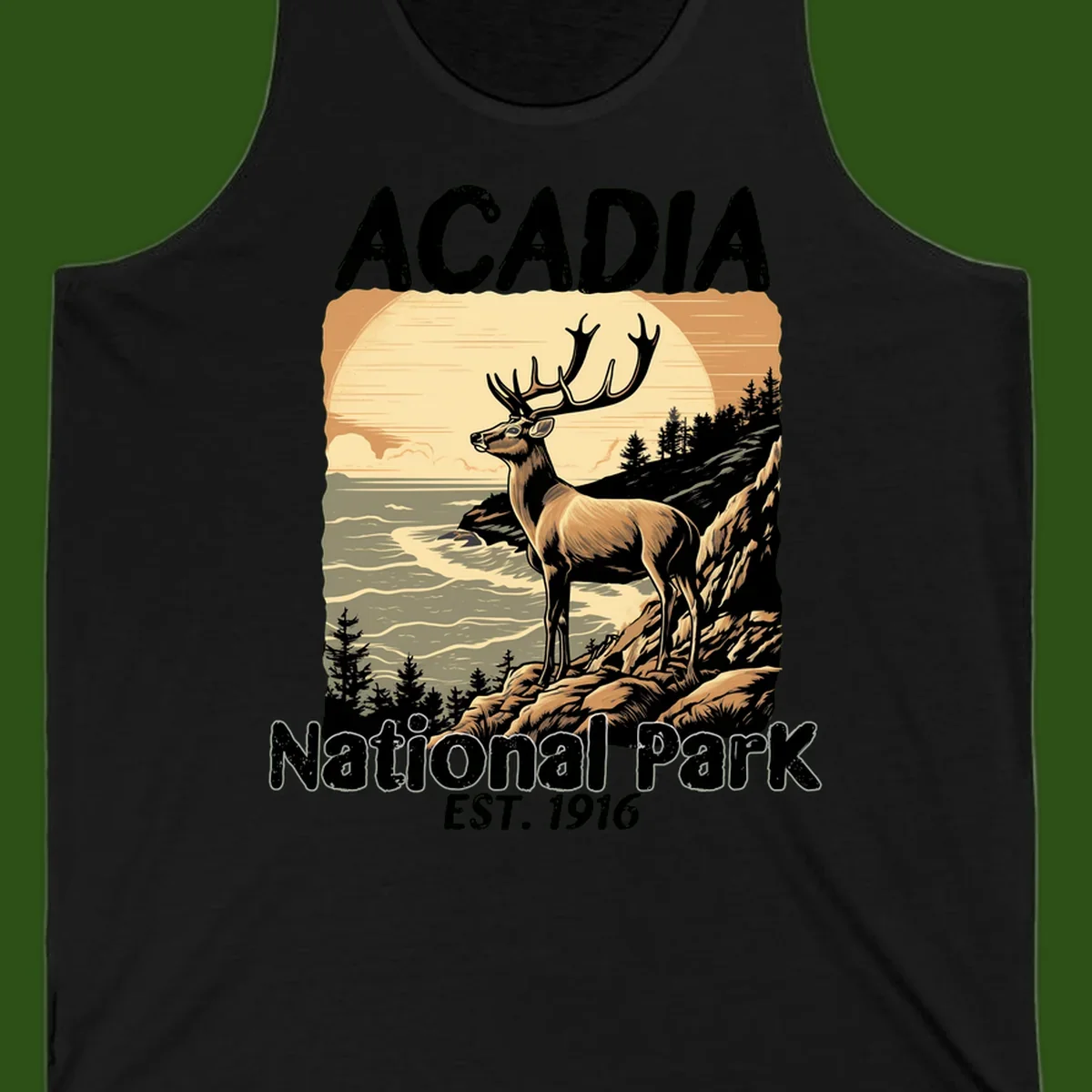 Vintage illustration of a deer with antlers standing on rocky cliffs overlooking Acadia National Park's ocean and forests at sunset