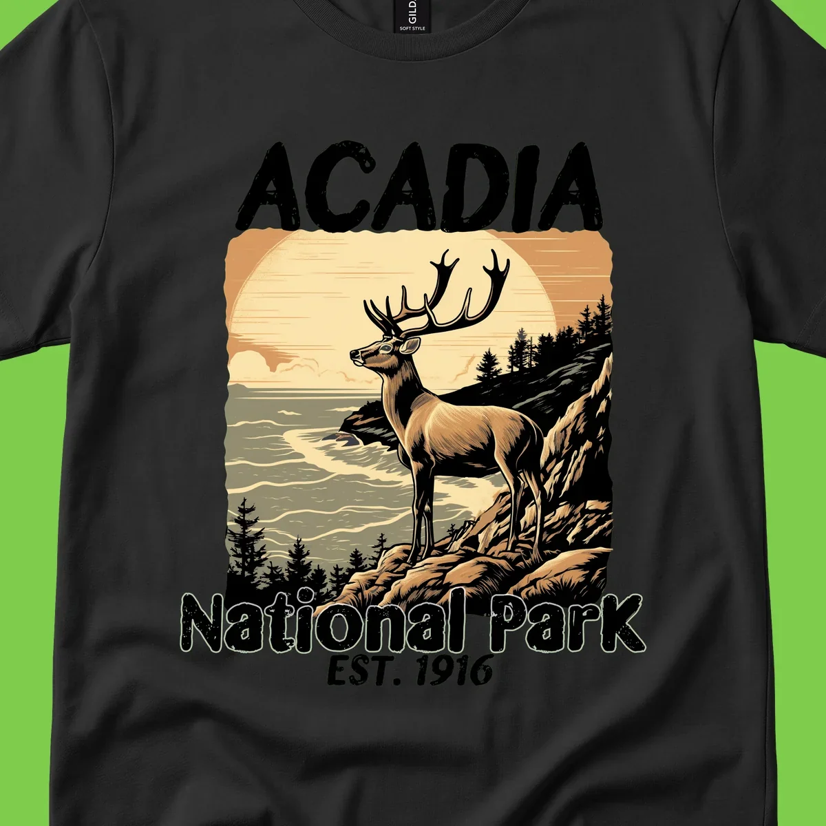 Vintage illustration of a deer with antlers standing on rocky cliffs overlooking Acadia National Park's ocean and forests at sunset