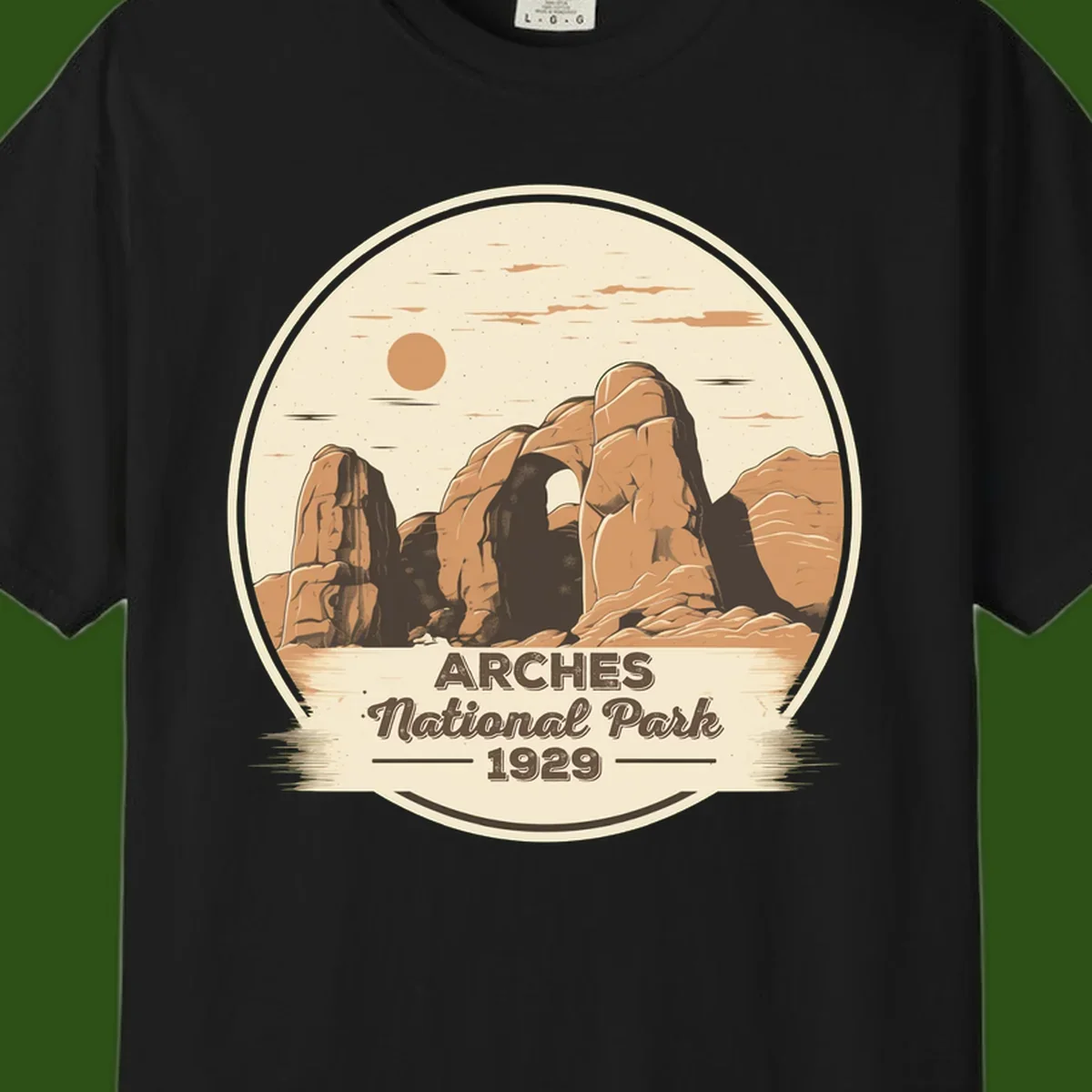 Vintage Arches National Park 1929 badge illustration with iconic natural arch rock formation in desert landscape