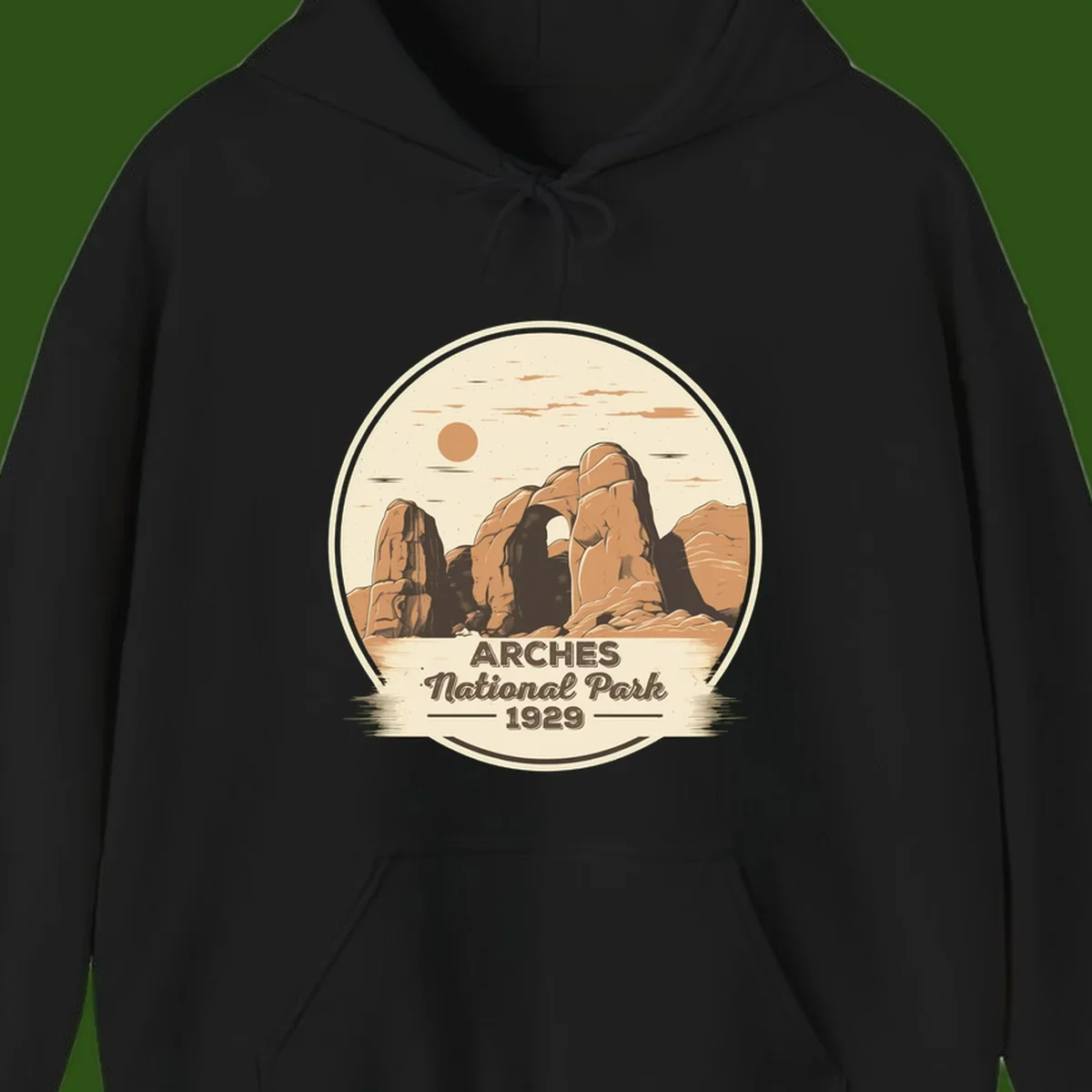 Vintage Arches National Park 1929 badge illustration with iconic natural arch rock formation in desert landscape