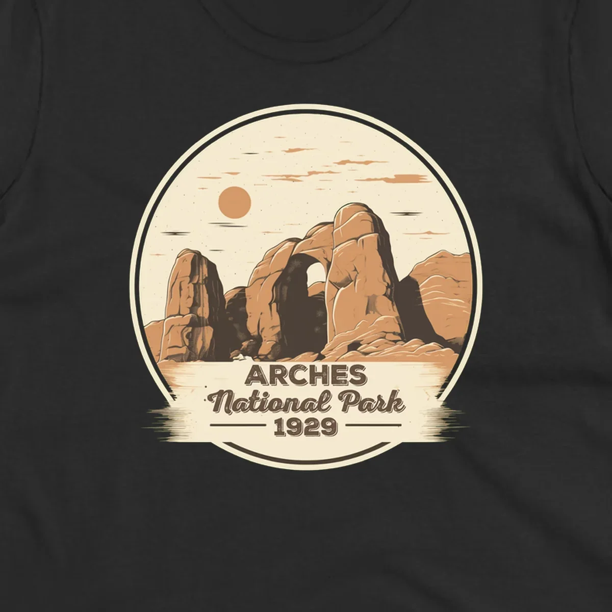 Vintage Arches National Park 1929 badge illustration with iconic natural arch rock formation in desert landscape