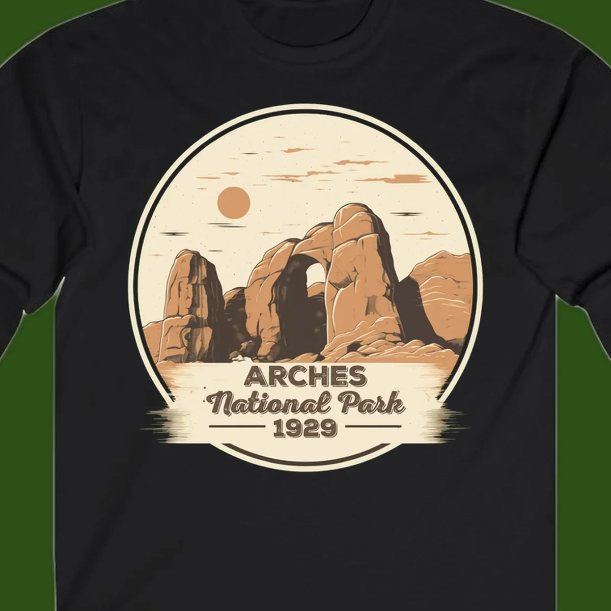 Vintage Arches National Park 1929 badge illustration with iconic natural arch rock formation in desert landscape