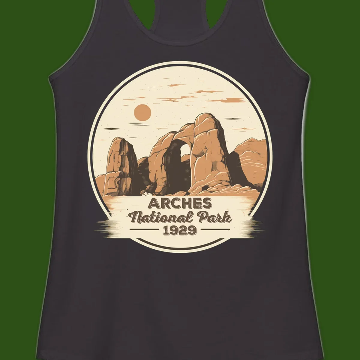 Vintage Arches National Park 1929 badge illustration with iconic natural arch rock formation in desert landscape