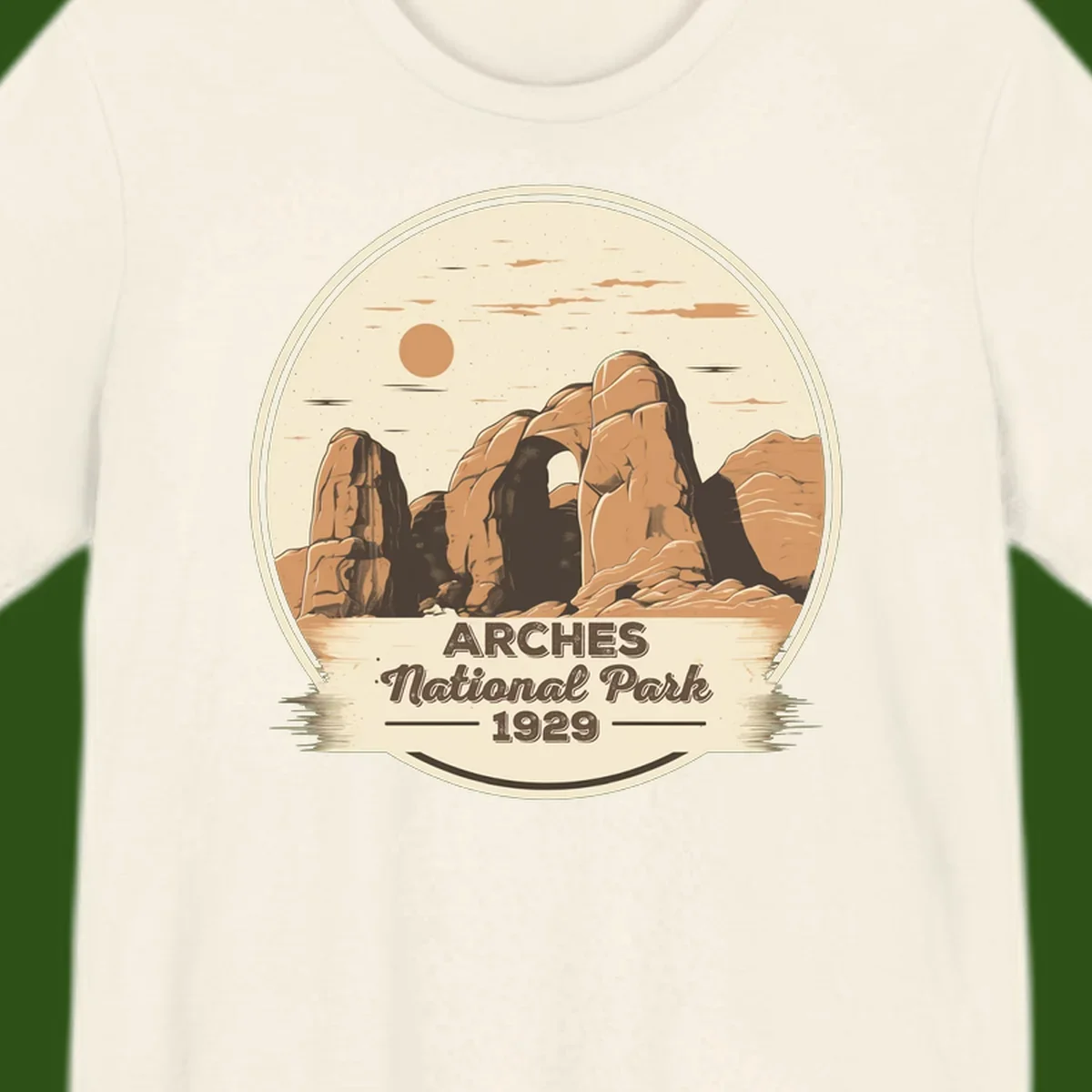 Vintage Arches National Park 1929 badge illustration with iconic natural arch rock formation in desert landscape