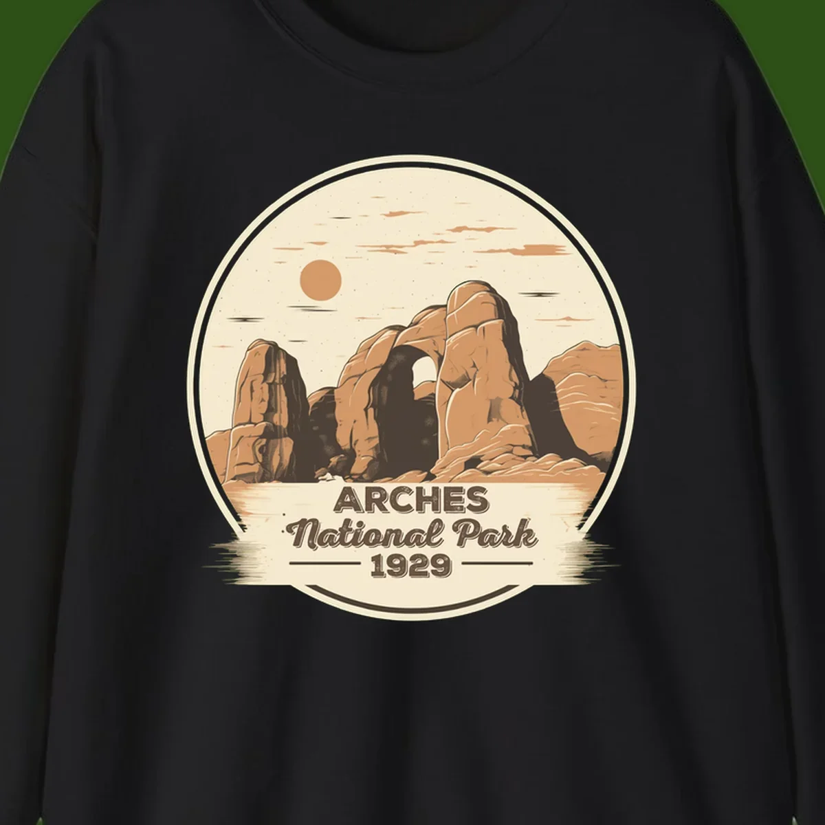 Vintage Arches National Park 1929 badge illustration with iconic natural arch rock formation in desert landscape