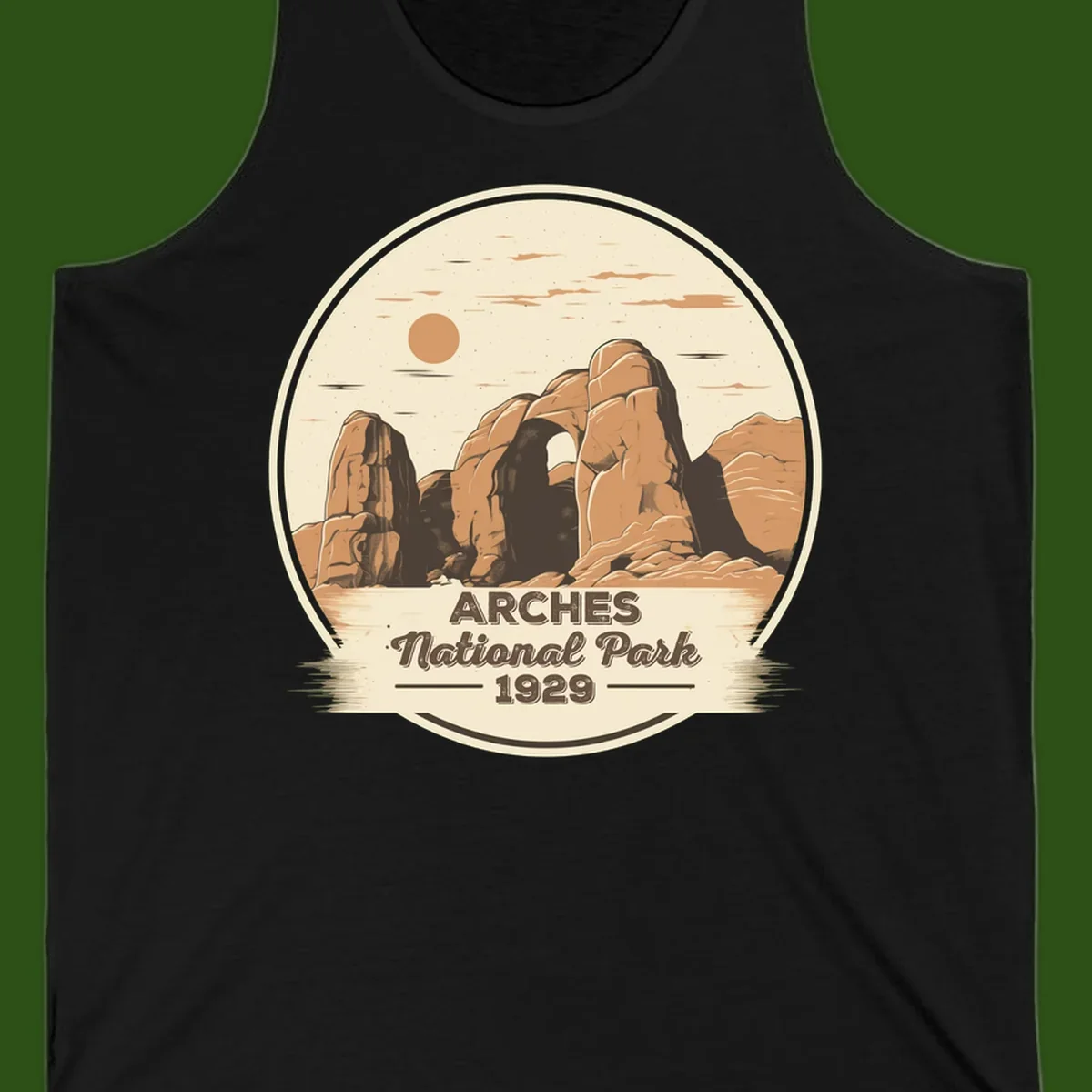 Vintage Arches National Park 1929 badge illustration with iconic natural arch rock formation in desert landscape