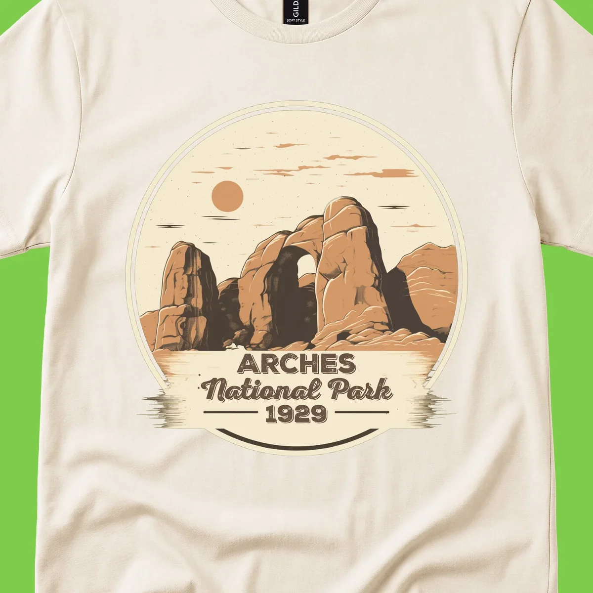 Vintage Arches National Park 1929 badge illustration with iconic natural arch rock formation in desert landscape