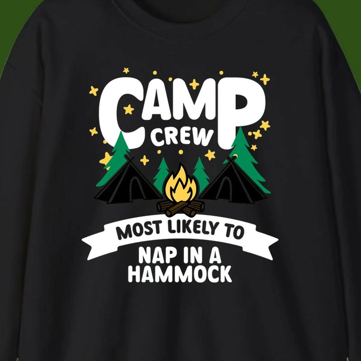 Camp crew design with teepees, campfire, and stars featuring text 'Most Likely To Nap In A Hammock'