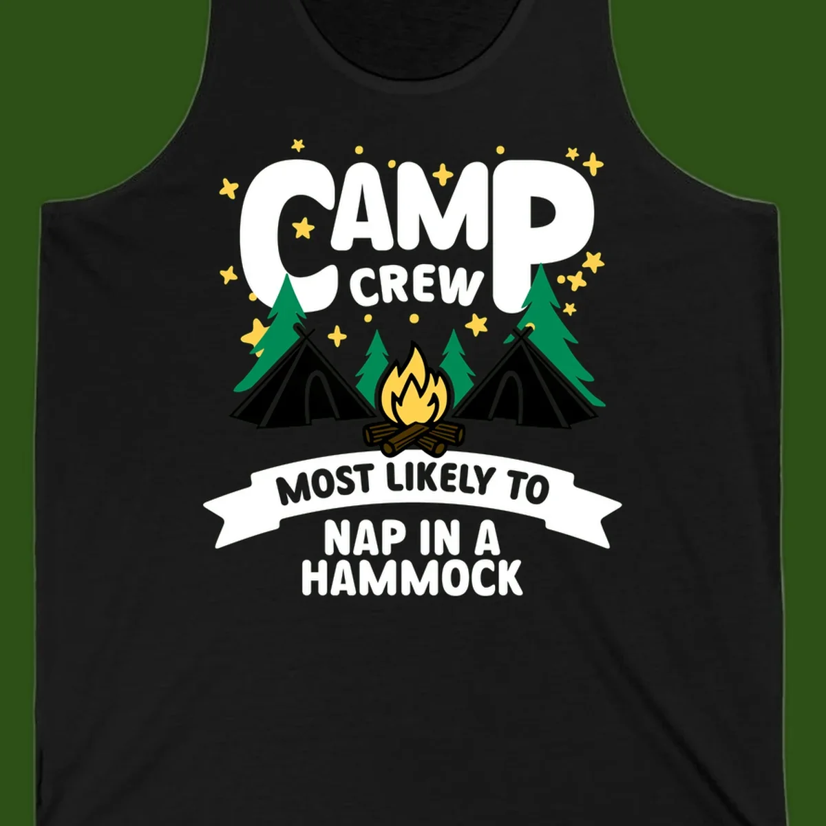 Camp crew design with teepees, campfire, and stars featuring text 'Most Likely To Nap In A Hammock'