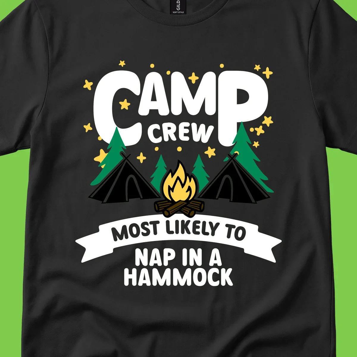 Camp crew design with teepees, campfire, and stars featuring text 'Most Likely To Nap In A Hammock'