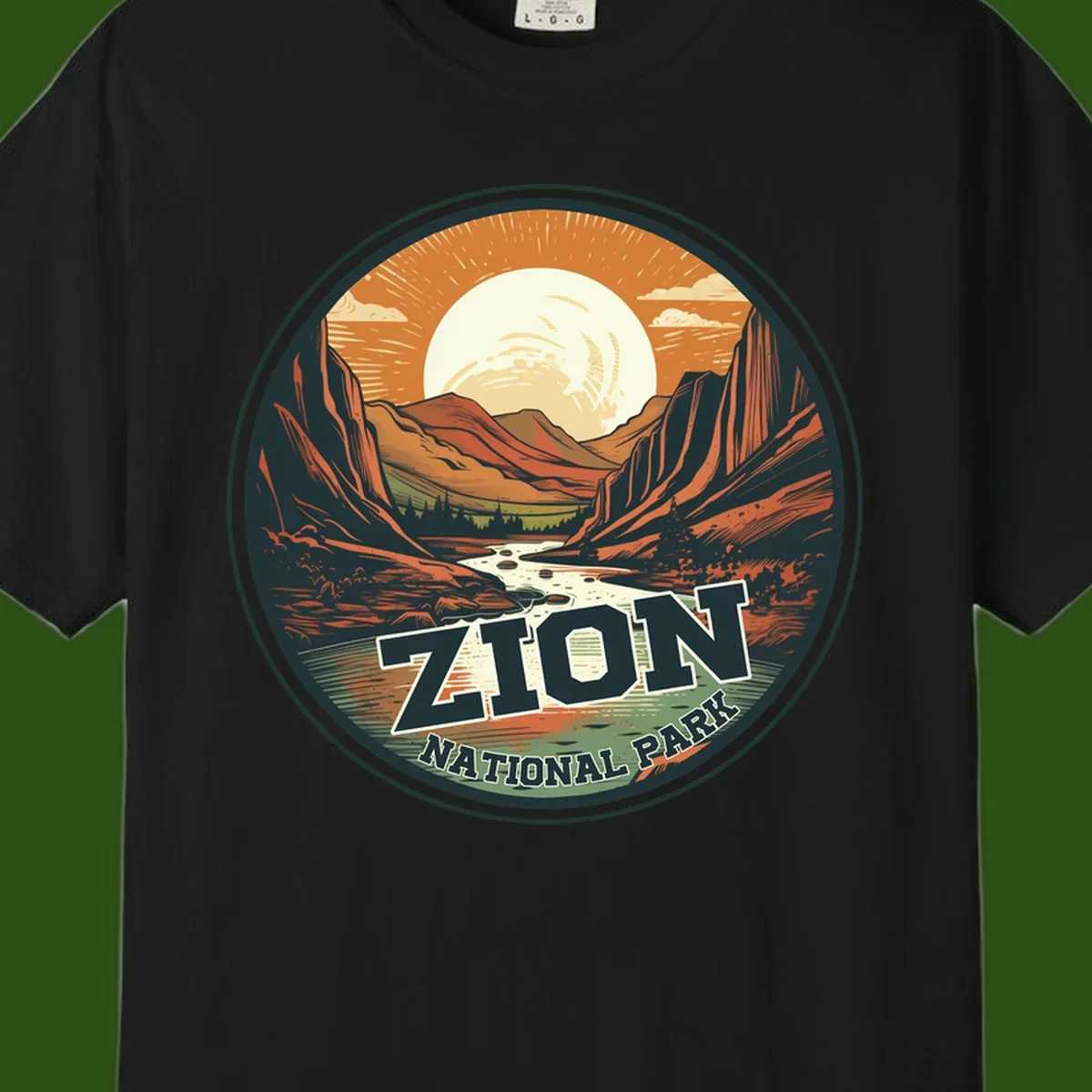 Zion canyon moonrise badge design with red rock walls, moon, river, and evergreens in warm earth tones