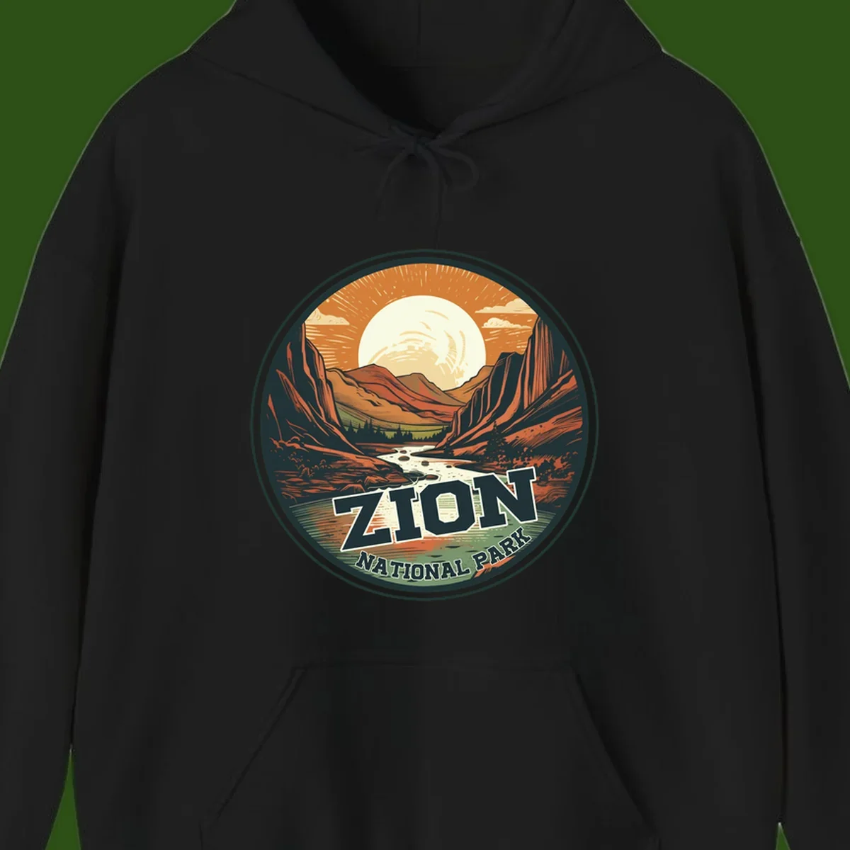 Zion canyon moonrise badge design with red rock walls, moon, river, and evergreens in warm earth tones