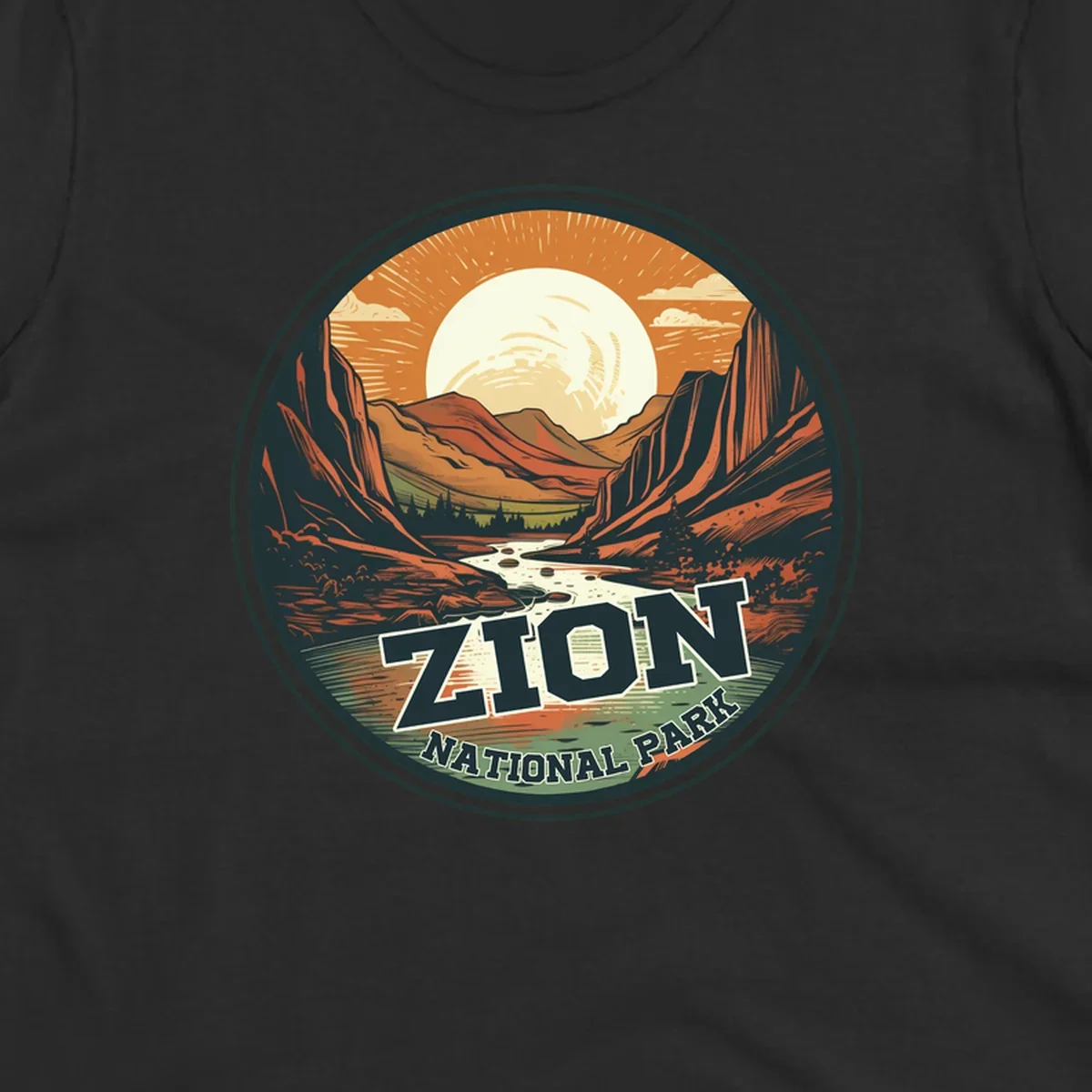 Zion canyon moonrise badge design with red rock walls, moon, river, and evergreens in warm earth tones
