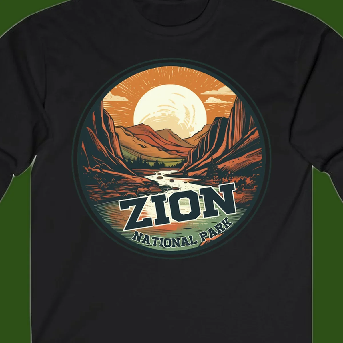 Zion canyon moonrise badge design with red rock walls, moon, river, and evergreens in warm earth tones