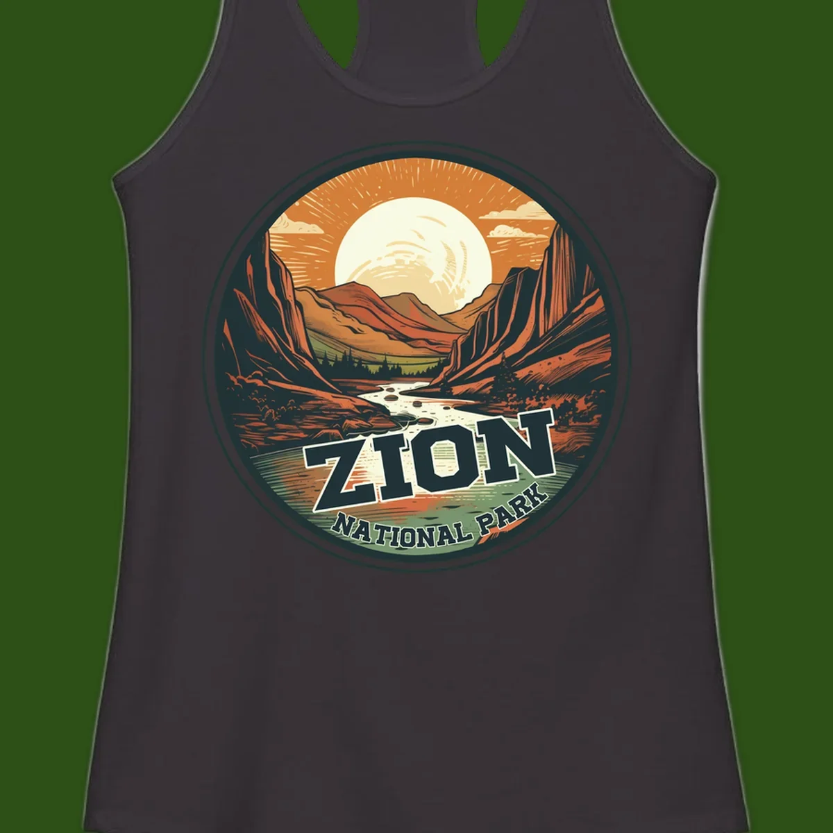 Zion canyon moonrise badge design with red rock walls, moon, river, and evergreens in warm earth tones