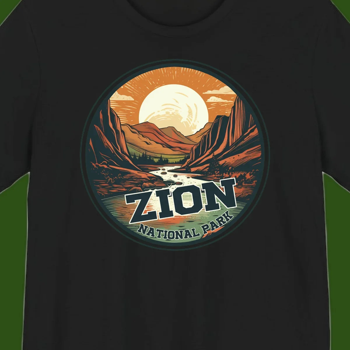 Zion canyon moonrise badge design with red rock walls, moon, river, and evergreens in warm earth tones