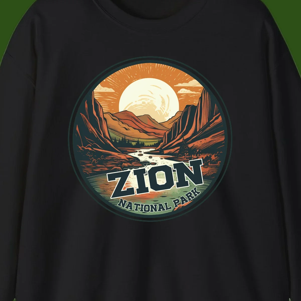 Zion canyon moonrise badge design with red rock walls, moon, river, and evergreens in warm earth tones