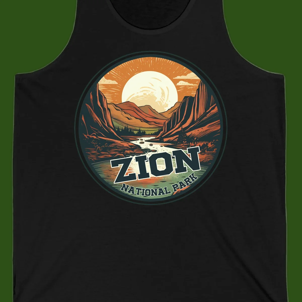 Zion canyon moonrise badge design with red rock walls, moon, river, and evergreens in warm earth tones