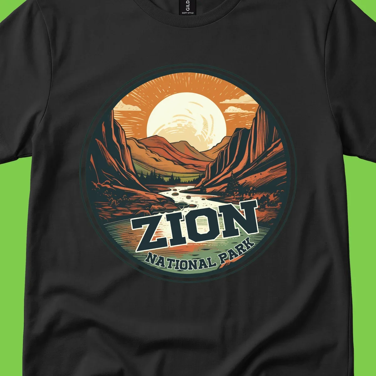 Zion canyon moonrise badge design with red rock walls, moon, river, and evergreens in warm earth tones