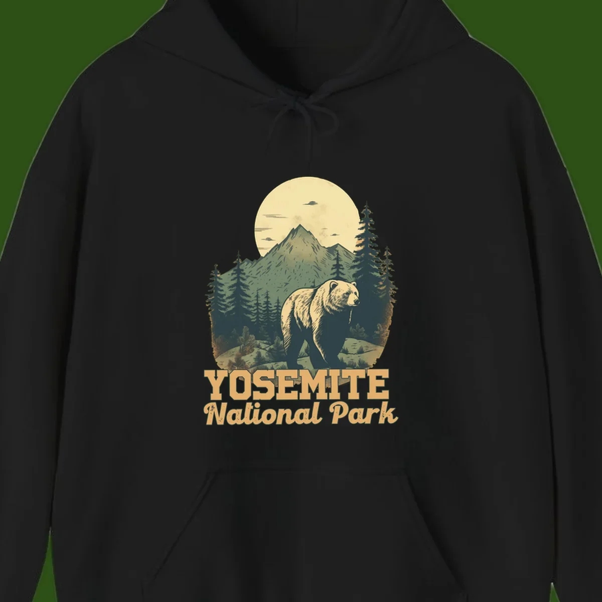 Vintage-style illustration of a grizzly bear before a mountain with full moon, forest, and UFOs—Yosemite National Park design
