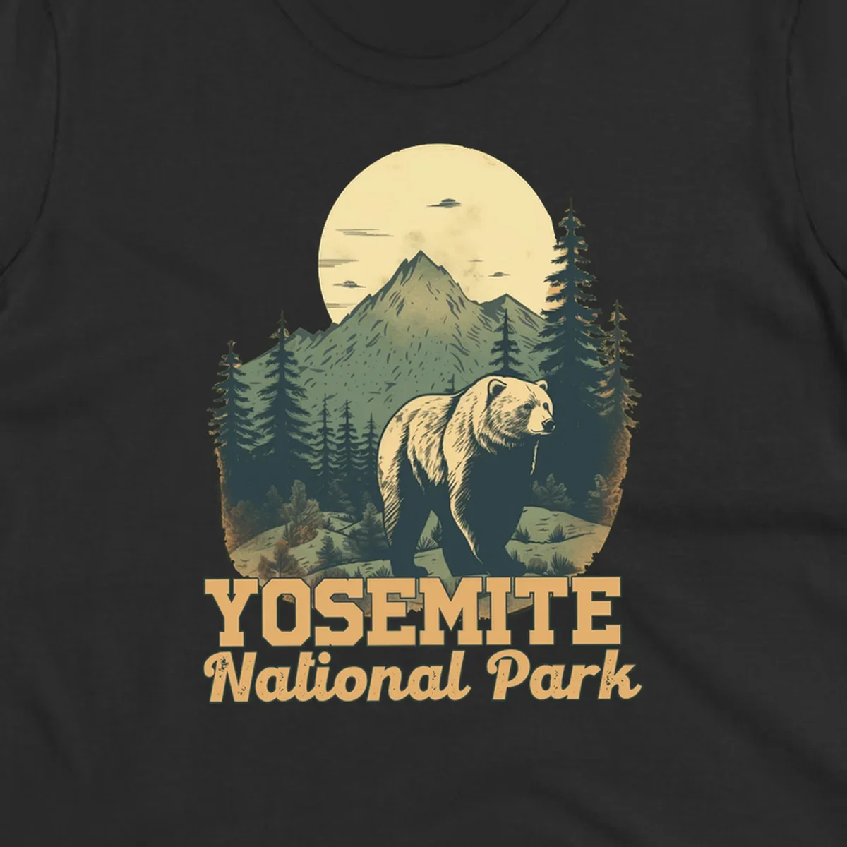 Vintage-style illustration of a grizzly bear before a mountain with full moon, forest, and UFOs—Yosemite National Park design