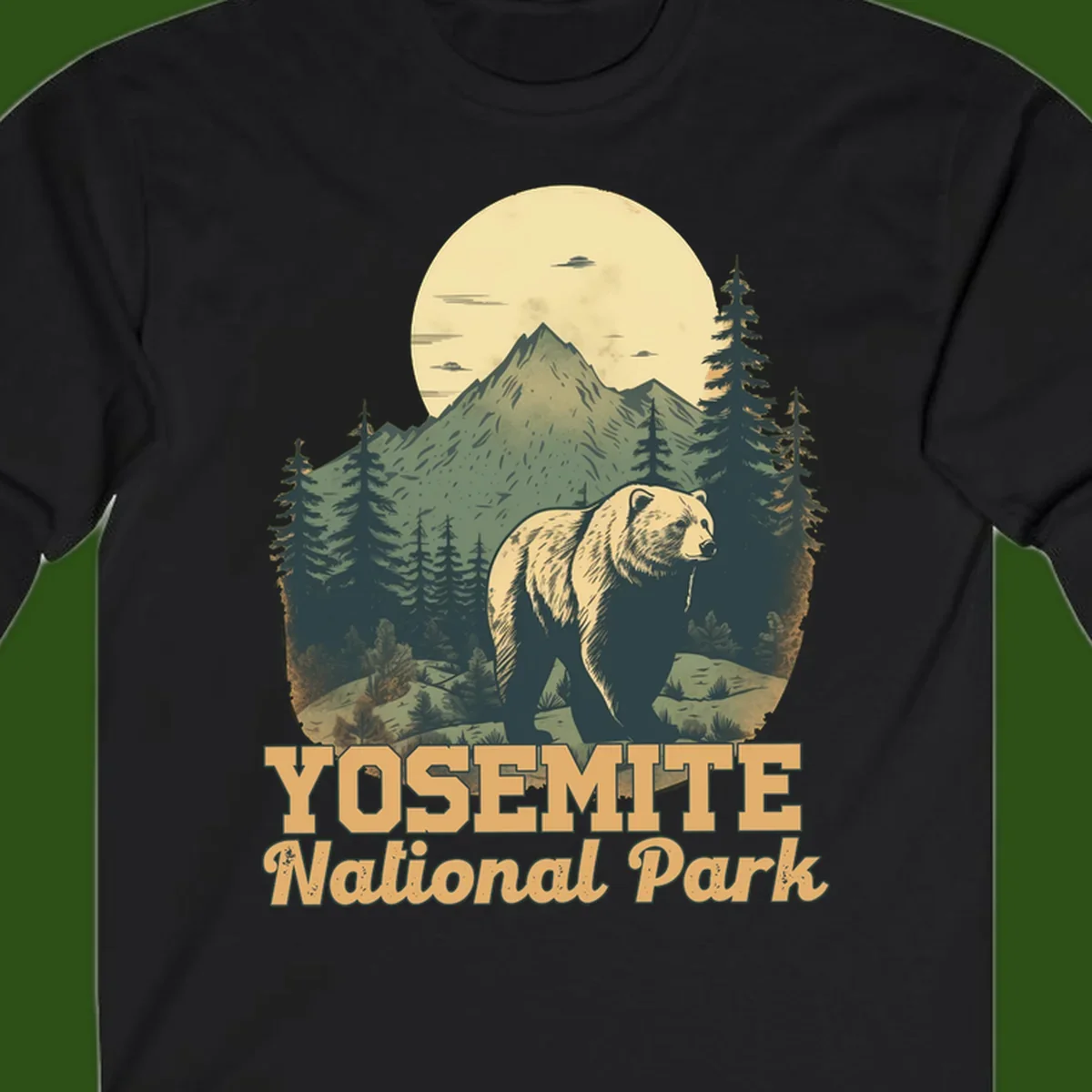 Vintage-style illustration of a grizzly bear before a mountain with full moon, forest, and UFOs—Yosemite National Park design
