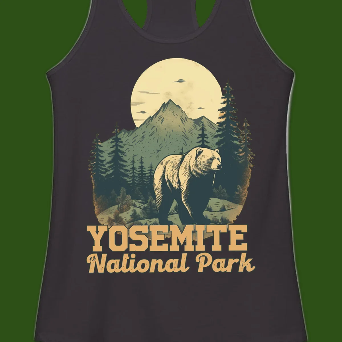 Vintage-style illustration of a grizzly bear before a mountain with full moon, forest, and UFOs—Yosemite National Park design