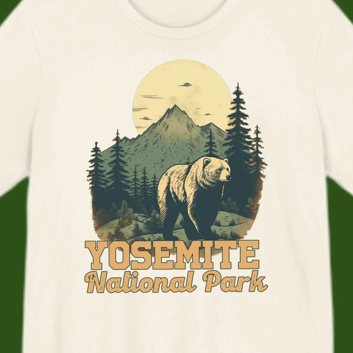 Vintage-style illustration of a grizzly bear before a mountain with full moon, forest, and UFOs—Yosemite National Park design