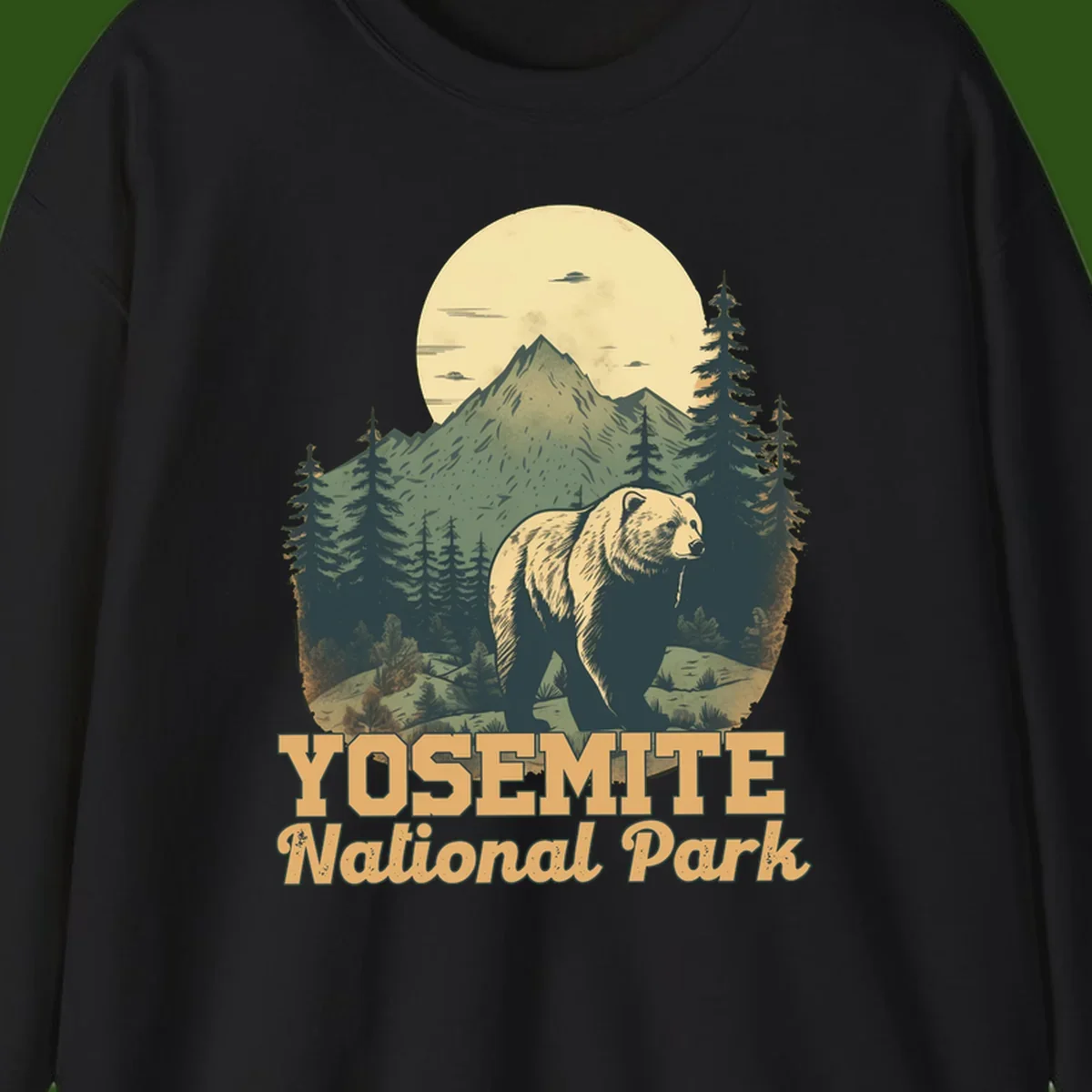 Vintage-style illustration of a grizzly bear before a mountain with full moon, forest, and UFOs—Yosemite National Park design