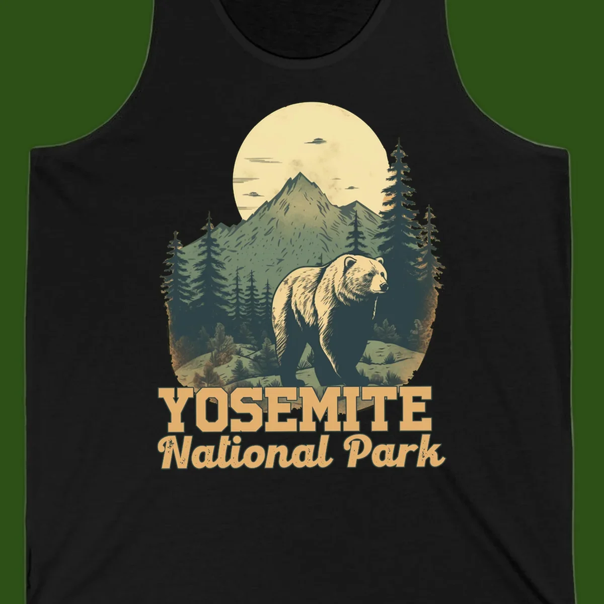 Vintage-style illustration of a grizzly bear before a mountain with full moon, forest, and UFOs—Yosemite National Park design