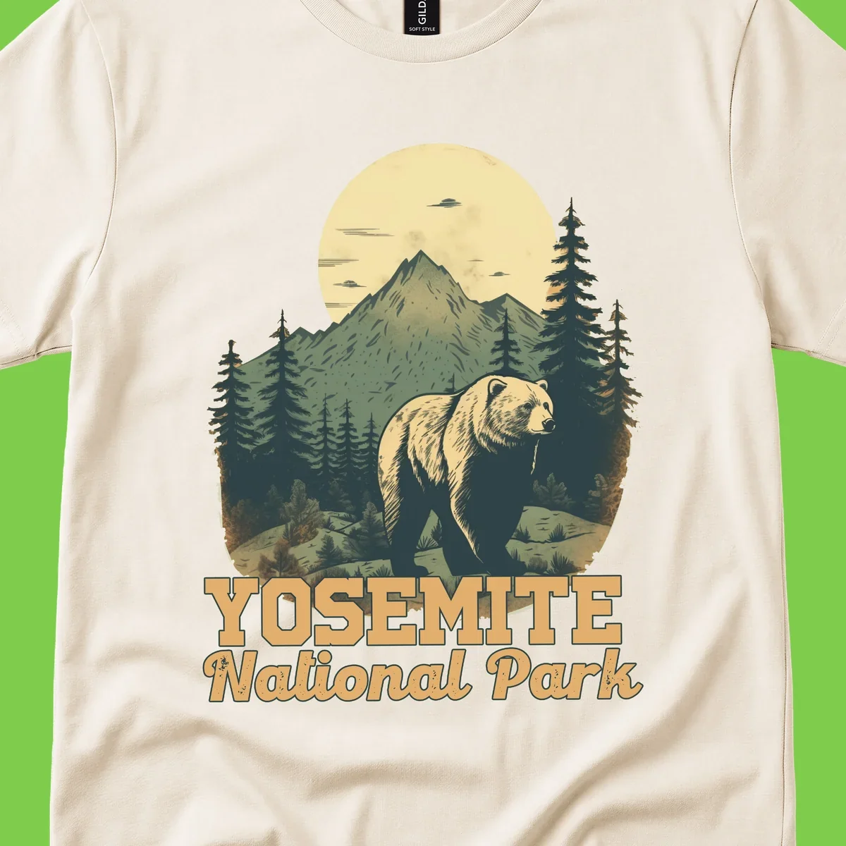 Vintage-style illustration of a grizzly bear before a mountain with full moon, forest, and UFOs—Yosemite National Park design