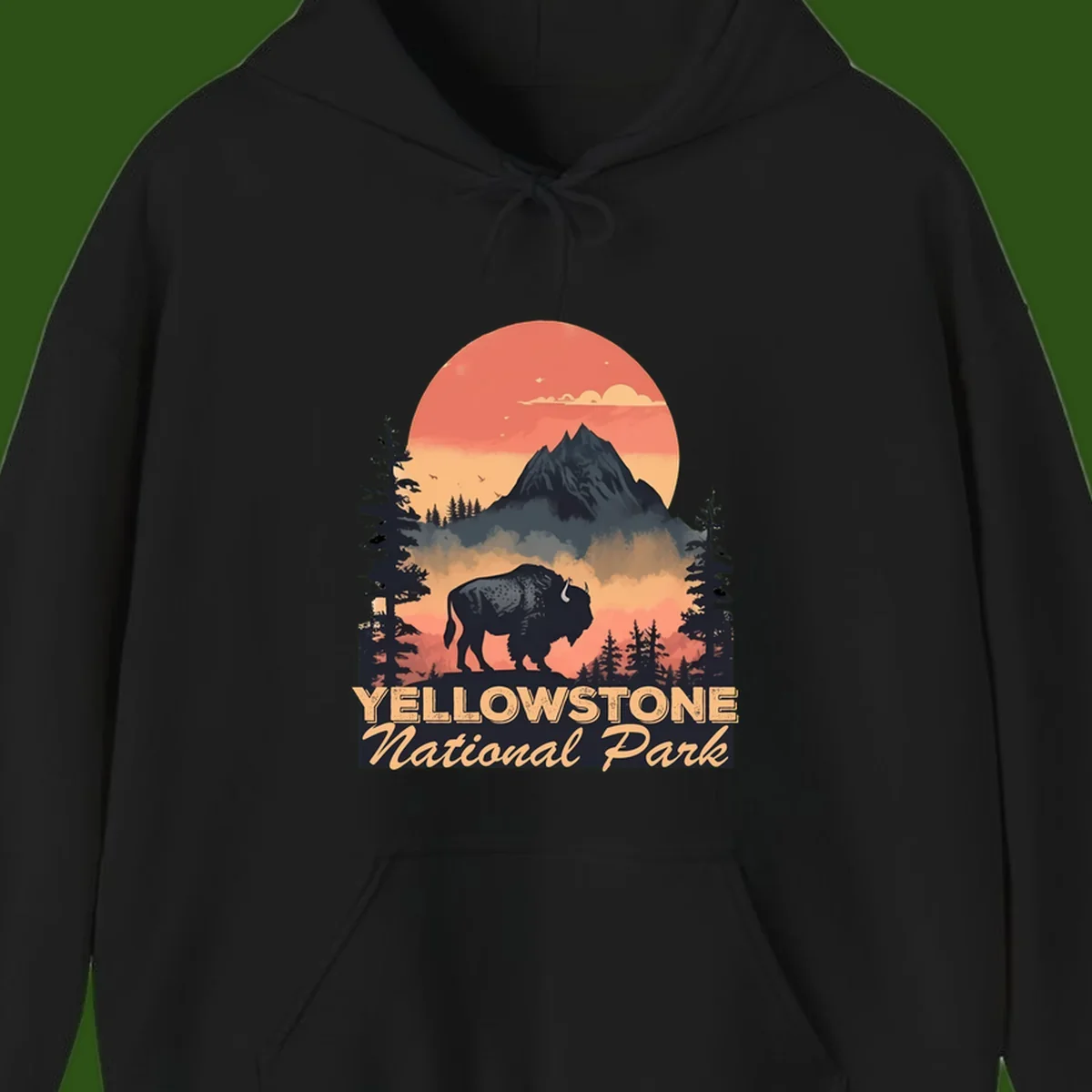 Yellowstone bison national park design: silhouette of a bison in misty forest with mountain peak and sunset sky
